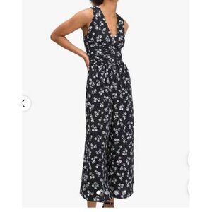 Kate Spade Women Jumpsuit Size 8 Black V Neck White Floral Wide Leg Romper Cute